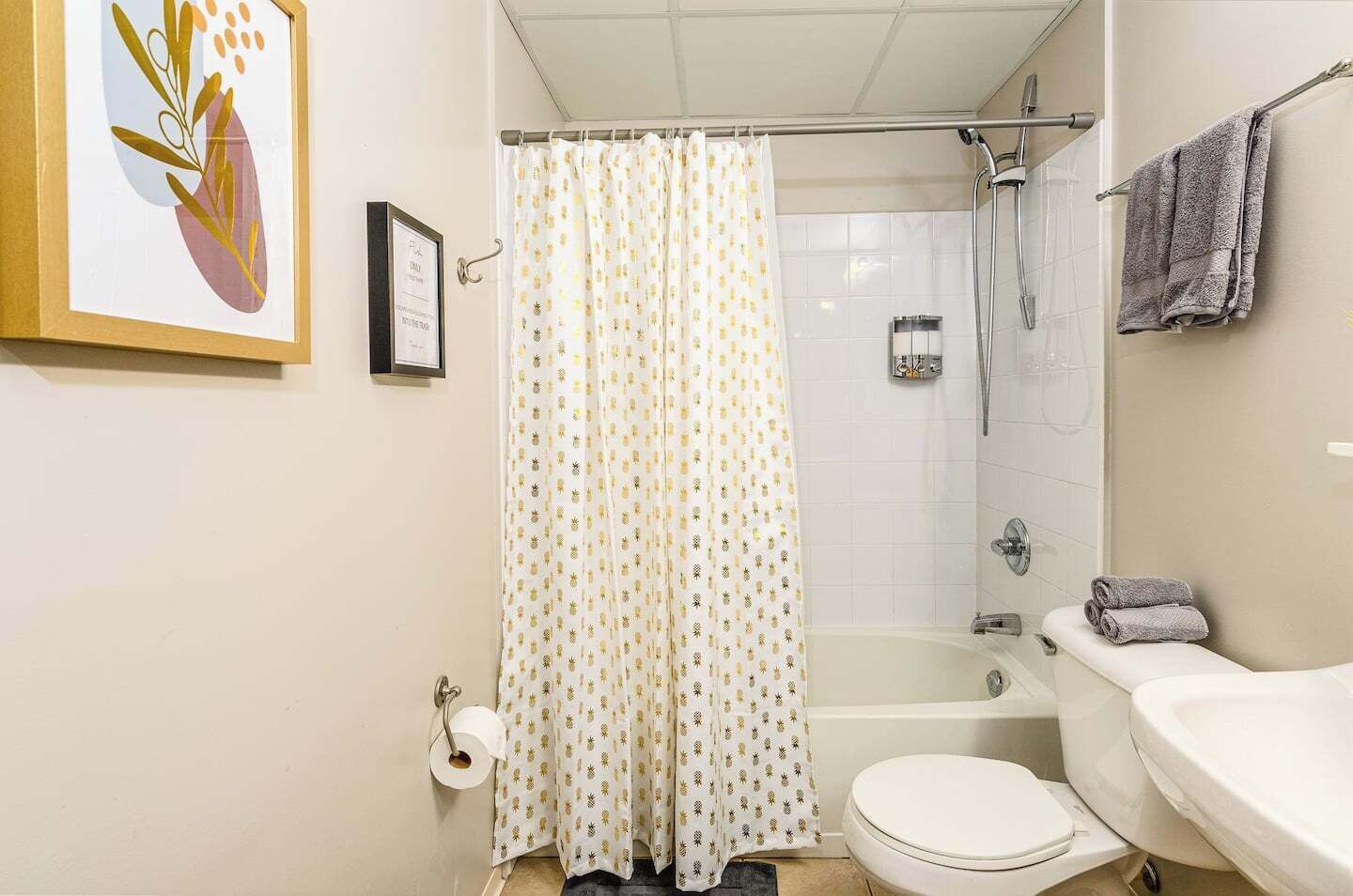 Secador de cabelo, toalhas de banho, sabonete, shampoo