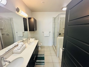 Hair dryer, towels, soap, toilet paper