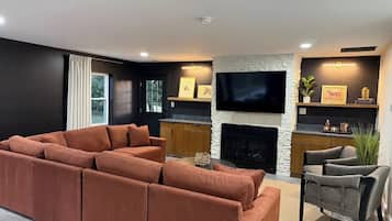 Televisión, chimenea, videojuegos, libros