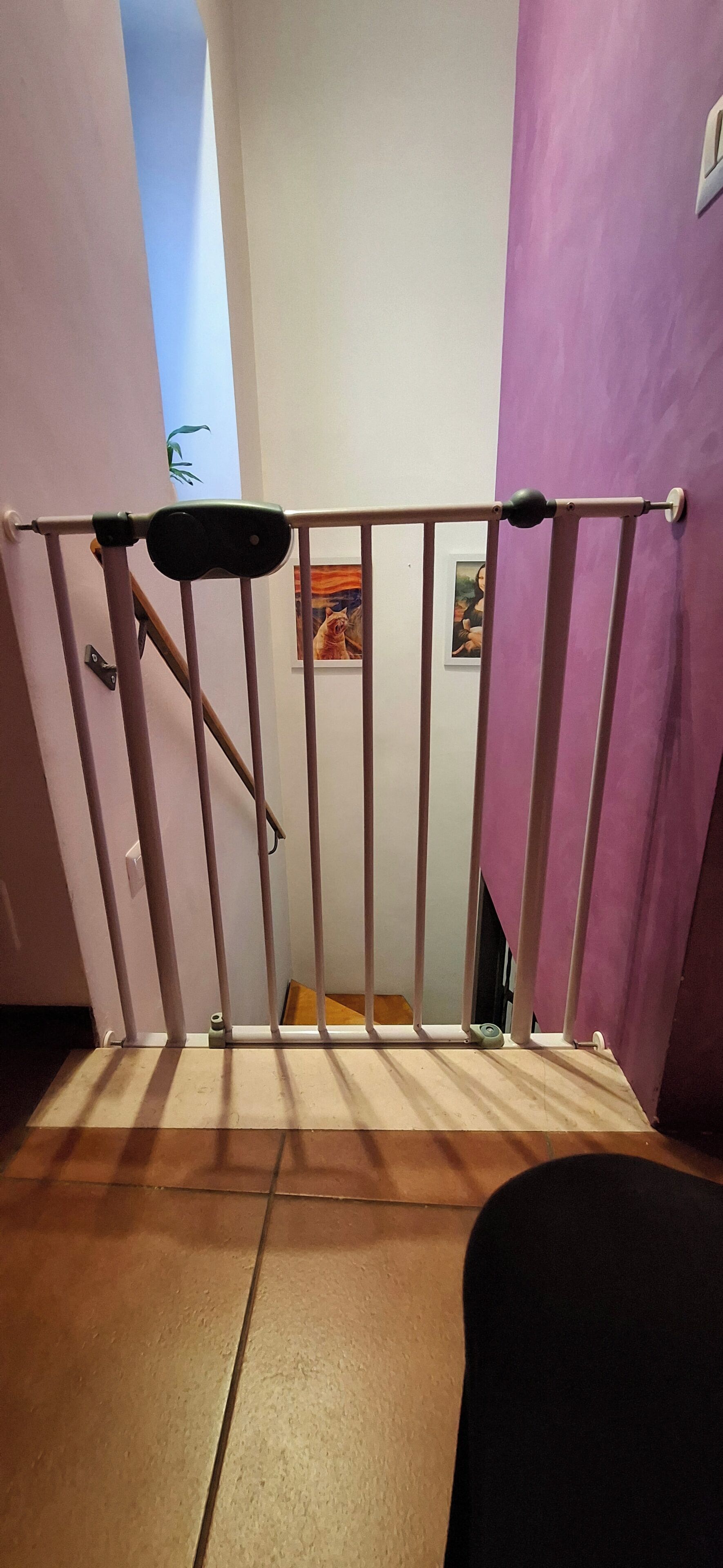 Un escalier avec une rampe, une porte sur un mur violet et un tableau encadré accroché au mur.