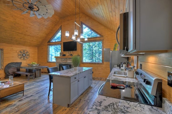 Premium House, Lake View | Private kitchen | Fridge, microwave, oven, stovetop
