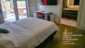 Une chambre à coucher comprenant un lit, un bureau, une télévision et une salle de bain avec douche et lavabo.