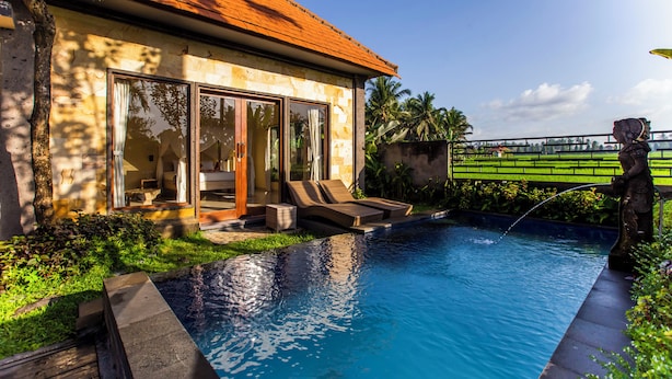 Une maison moderne dotée d’une piscine, de grandes portes vitrées et d’une statue.