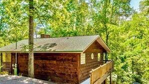 Eine rustikale Holzhütte mit Veranda und kleiner Terrasse.