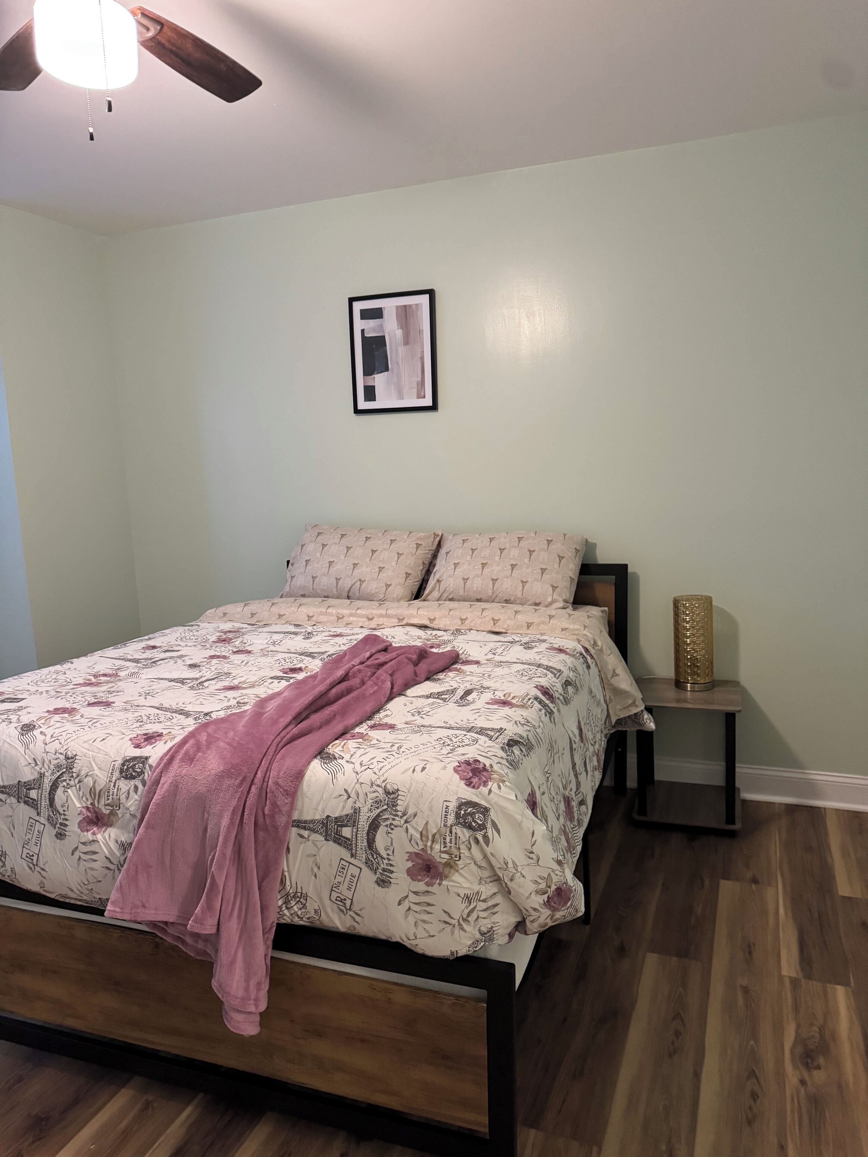 A bedroom with a bed, a ceiling fan, a framed picture on the wall, and a bedside table with a lamp.