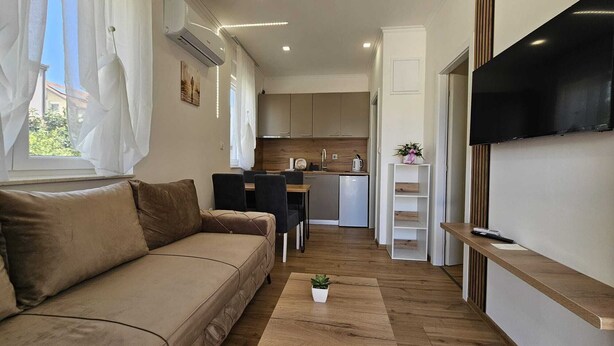 Un espace de vie compact comprenant un canapé, une petite table à manger, un coin cuisine et un téléviseur fixé au mur.