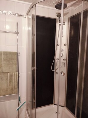 A glass-enclosed shower stall with a handheld showerhead and a handheld shower attachment. - Glamorous flat in Mertzwiller (Mertzwiller)