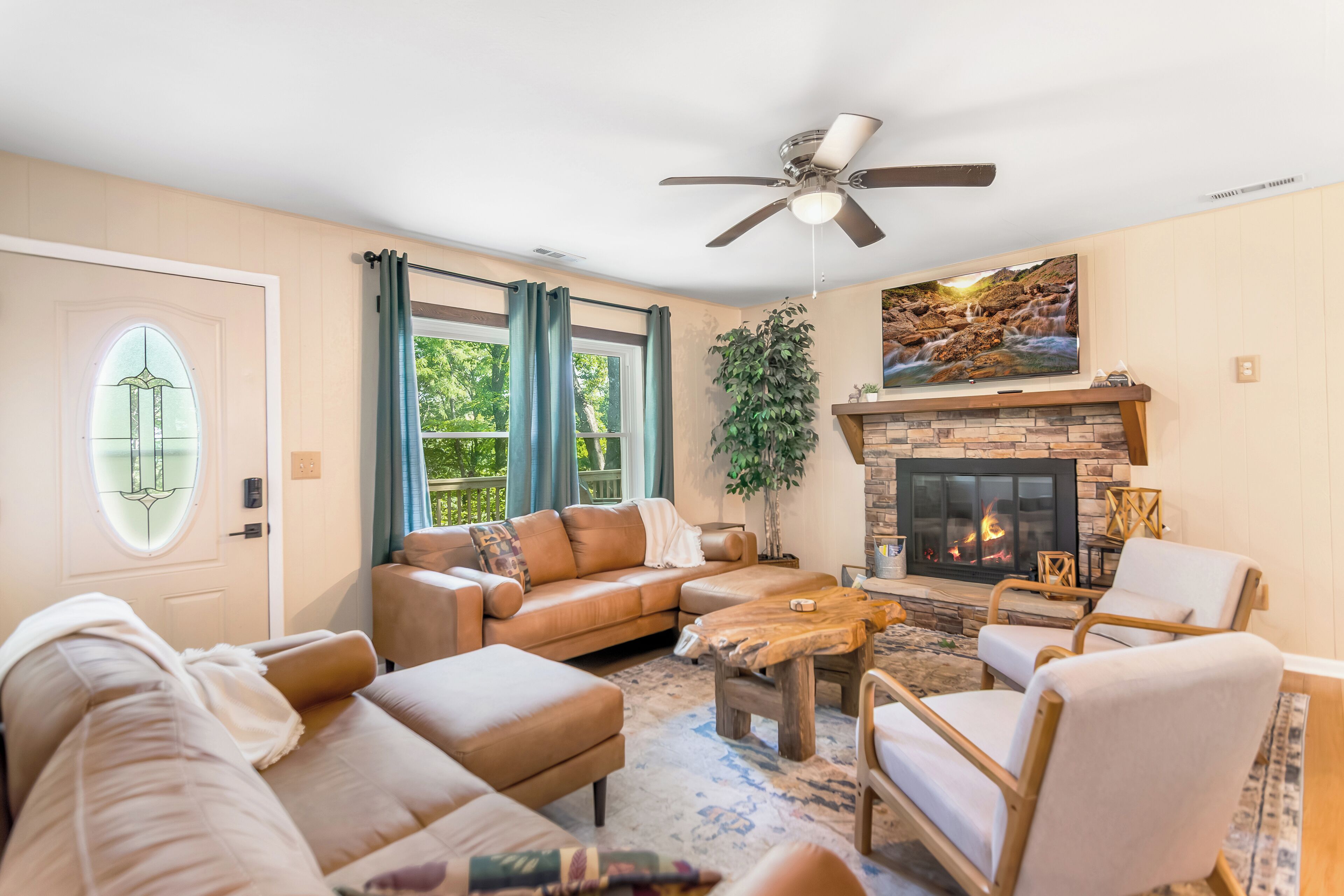 Smart TV, fireplace, video games, foosball