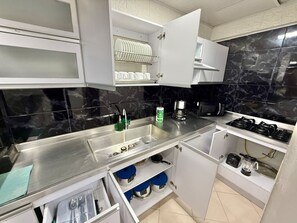 Fridge, microwave, stovetop, coffee/tea maker