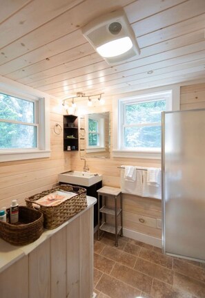 Shower, towels, soap, toilet paper