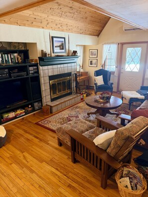 Smart TV, chimenea, reproductor de DVD y libros