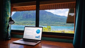 A laptop on a desk with a view of a mountainous landscape through a window.