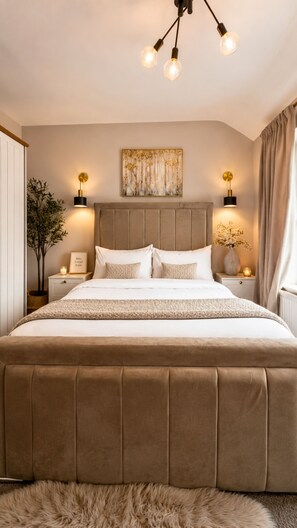 Una camera da letto con un letto grande, due comodini, un'opera d'arte appesa al muro e un lampadario.