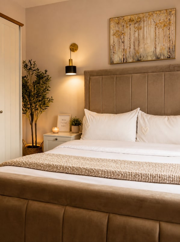 A bedroom with a bed, a bedside table, a wall-mounted lamp, a framed picture, and a potted plant.