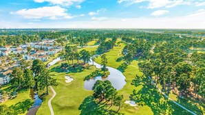 Vista aérea de un campo de golf con un obstáculo acuático, rodeado de árboles frondosos y edificios residenciales.