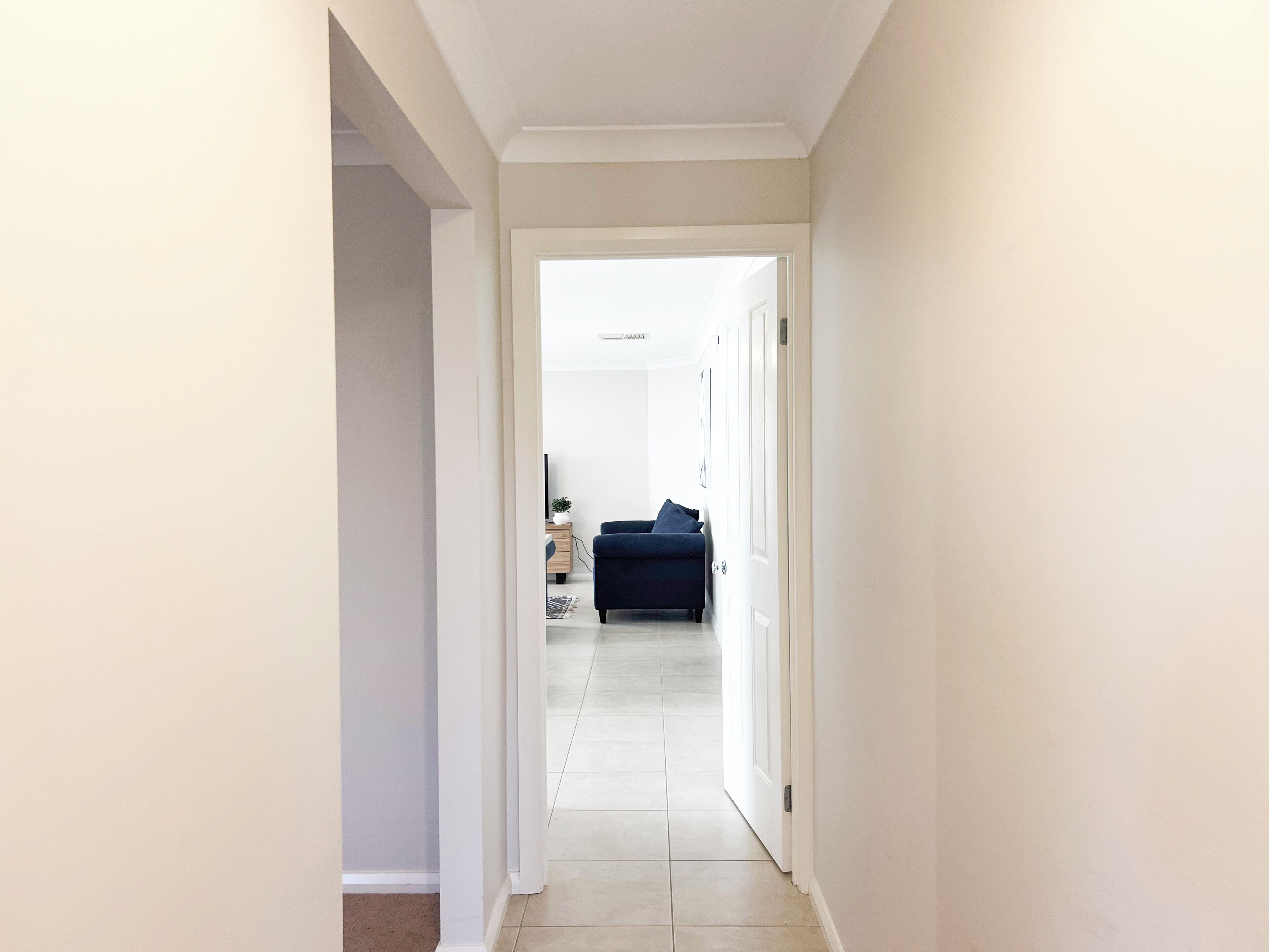 A hallway leading to a living area with a dark blue sofa and a small table with a plant.