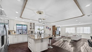 A spacious kitchen with white cabinetry, a central island, and pendant lighting. - Spaciour 4Br 4bth Stunning House With Free Parking (San Jose)