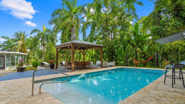 A swimming pool with a wooden deck, lounge chairs, and a covered seating area surrounded by lush greenery.