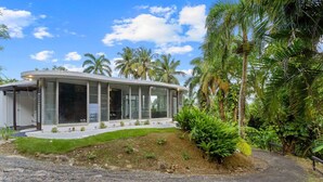 A modern house with large windows, a curved roof, and a well-maintained garden with palm trees and shrubs.