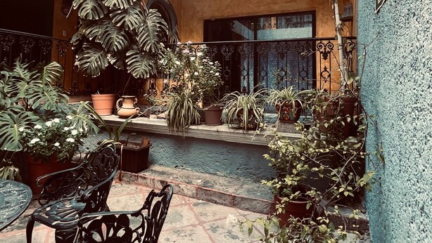 A courtyard with potted plants, a staircase, and a balcony. - Meson Acueducto (Querétaro)