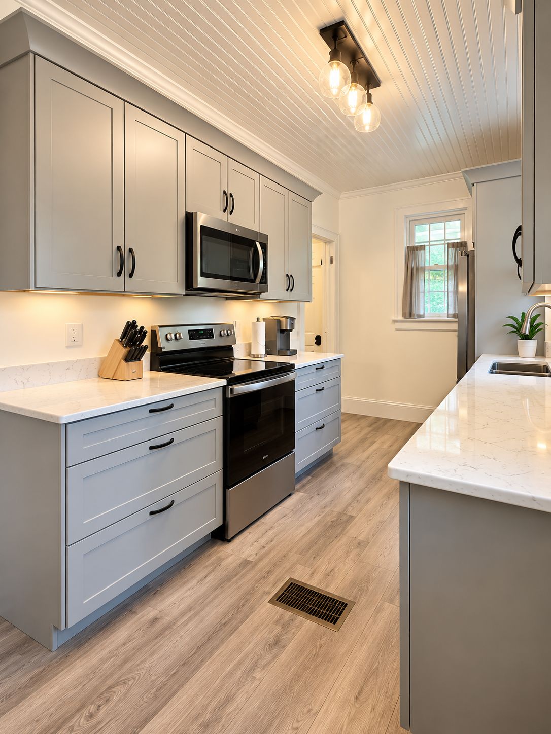 A modern kitchen with grey cabinets, a stainless steel microwave, and a built-in oven.