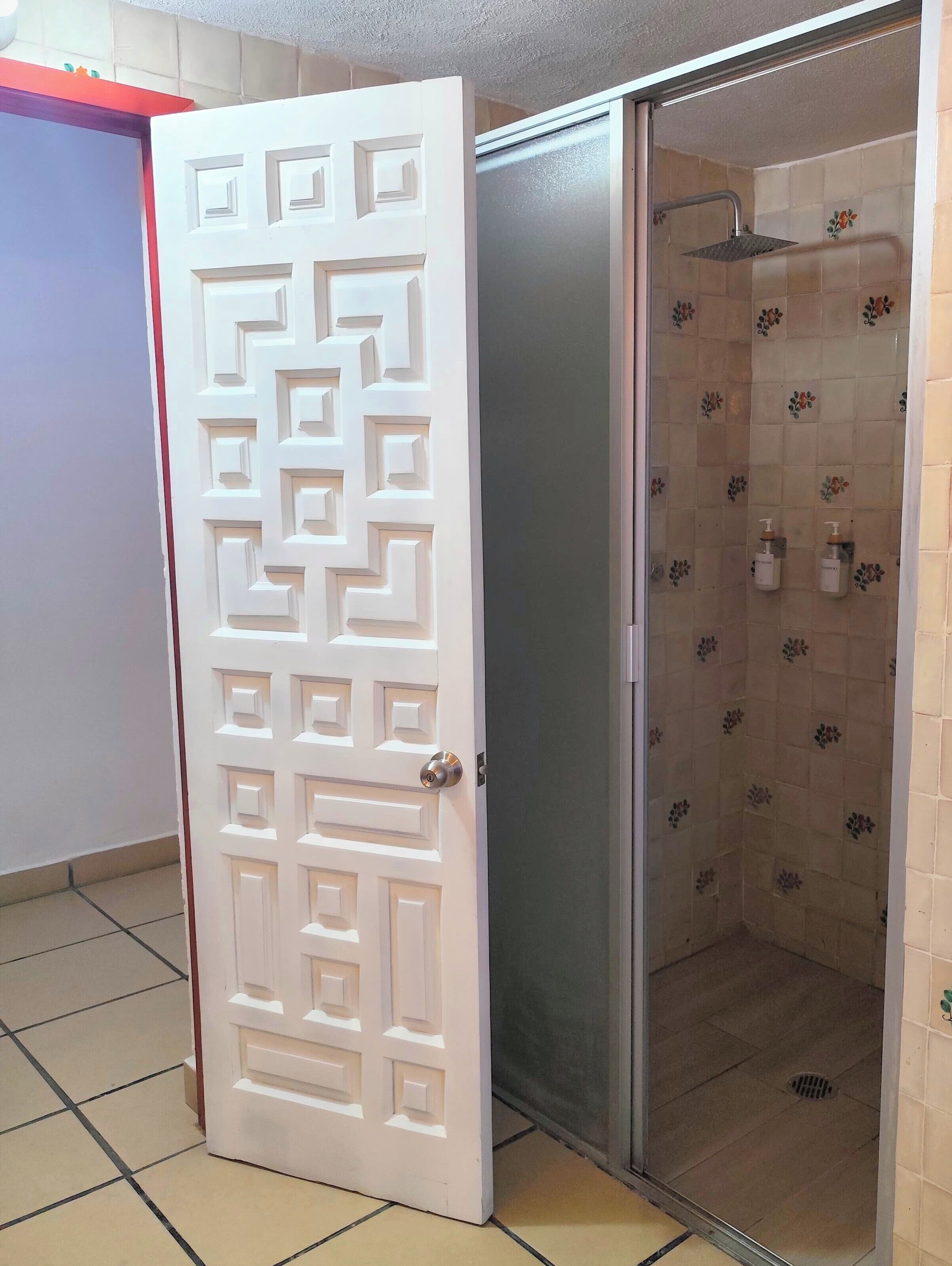 A bathroom with a shower, a door with a geometric pattern, and tiled walls with floral designs.