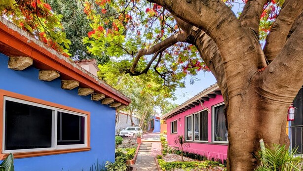 A pathway leading to a building with a blue facade and a pink building in the background. - Hotel Eterna Primavera Cuernavaca (Cuernavaca)