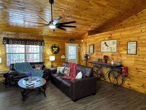 Smart TV, fireplace, table football, books