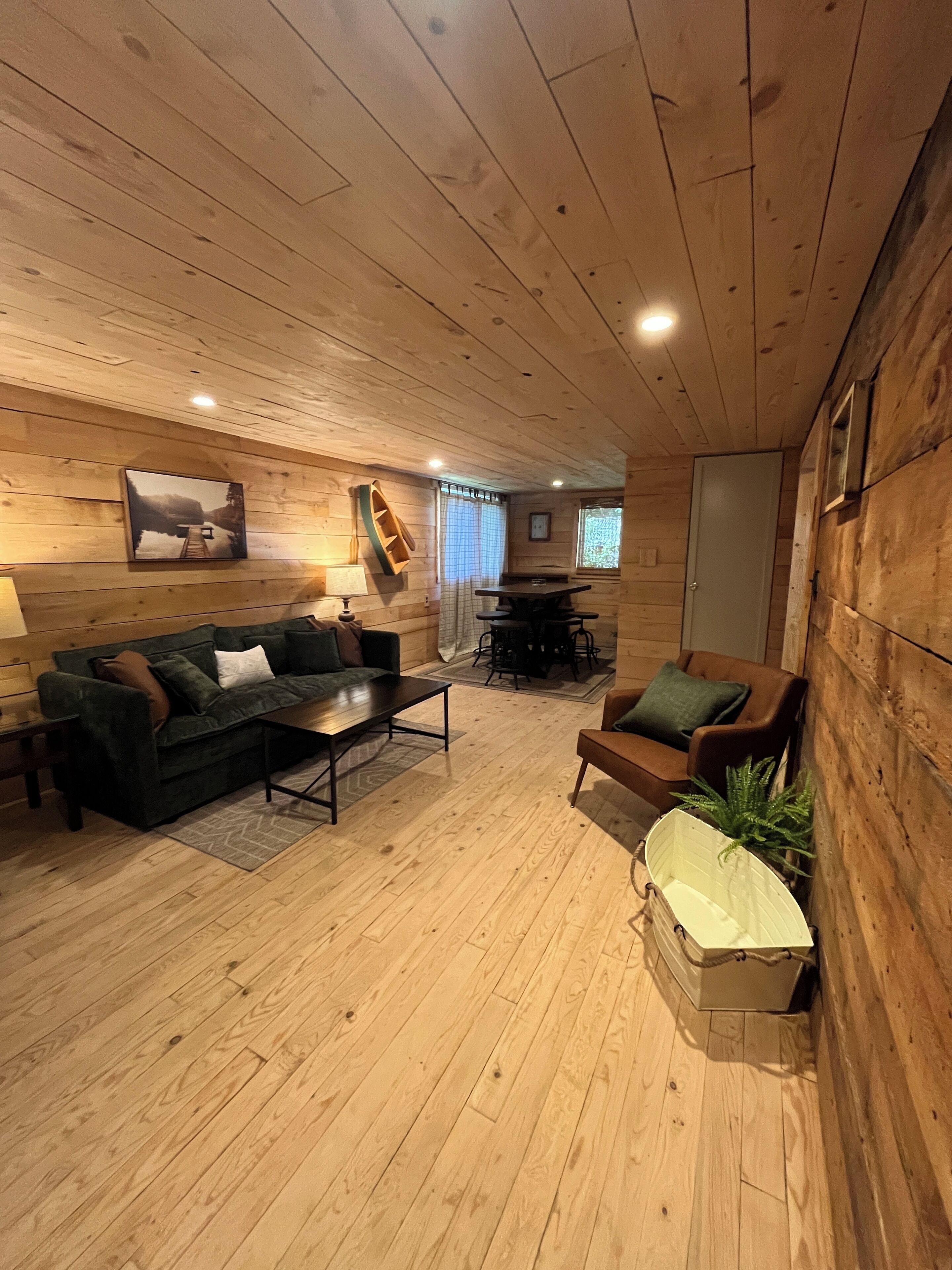 Smart TV, fireplace, foosball