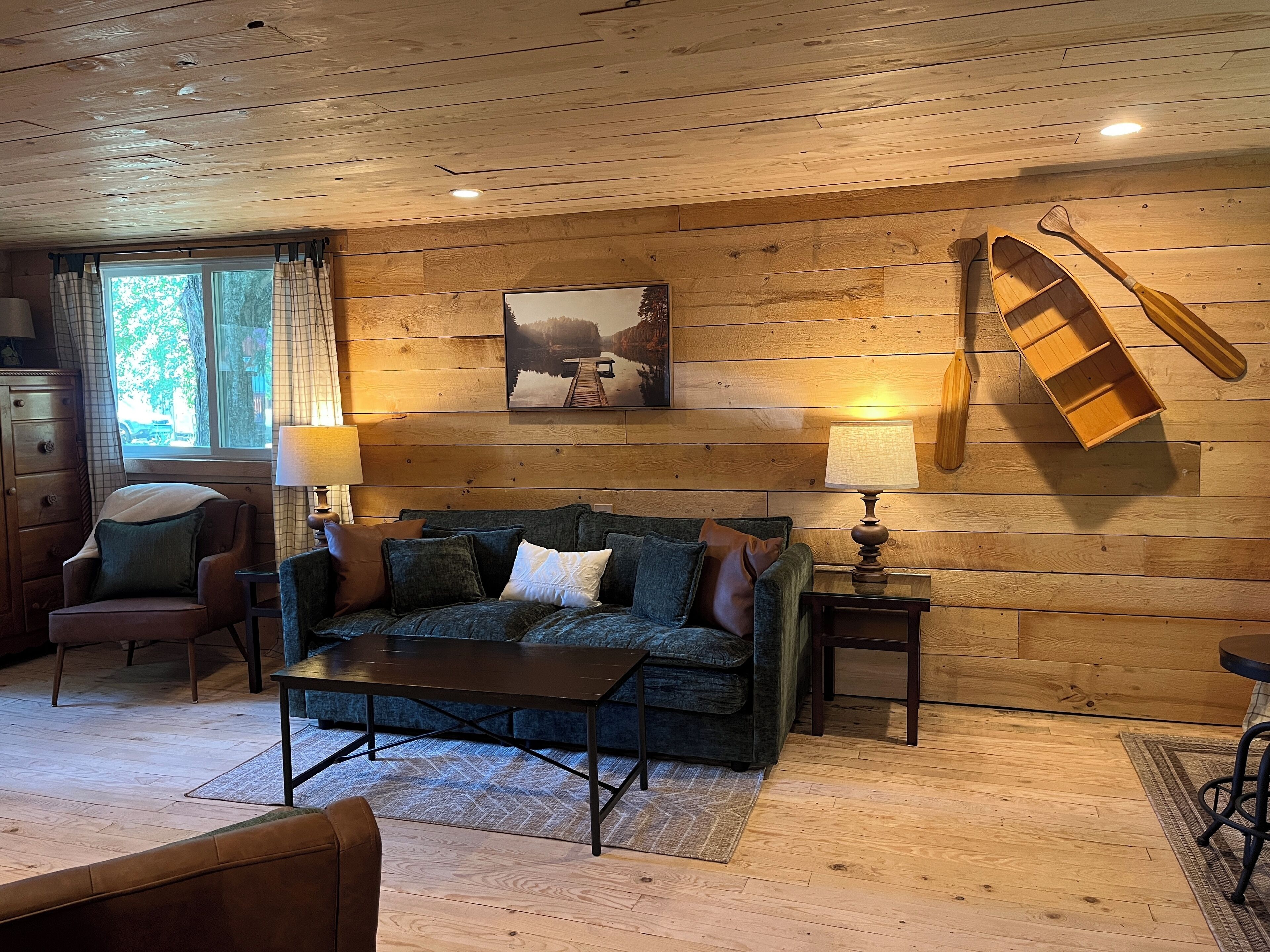 Smart TV, fireplace, foosball