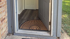 Une porte d’entrée avec un paillasson et une boîte aux lettres.