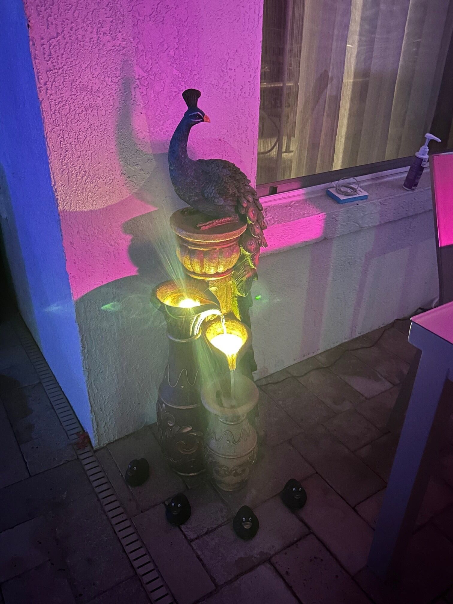 A decorative outdoor feature with a peacock statue and illuminated lights.