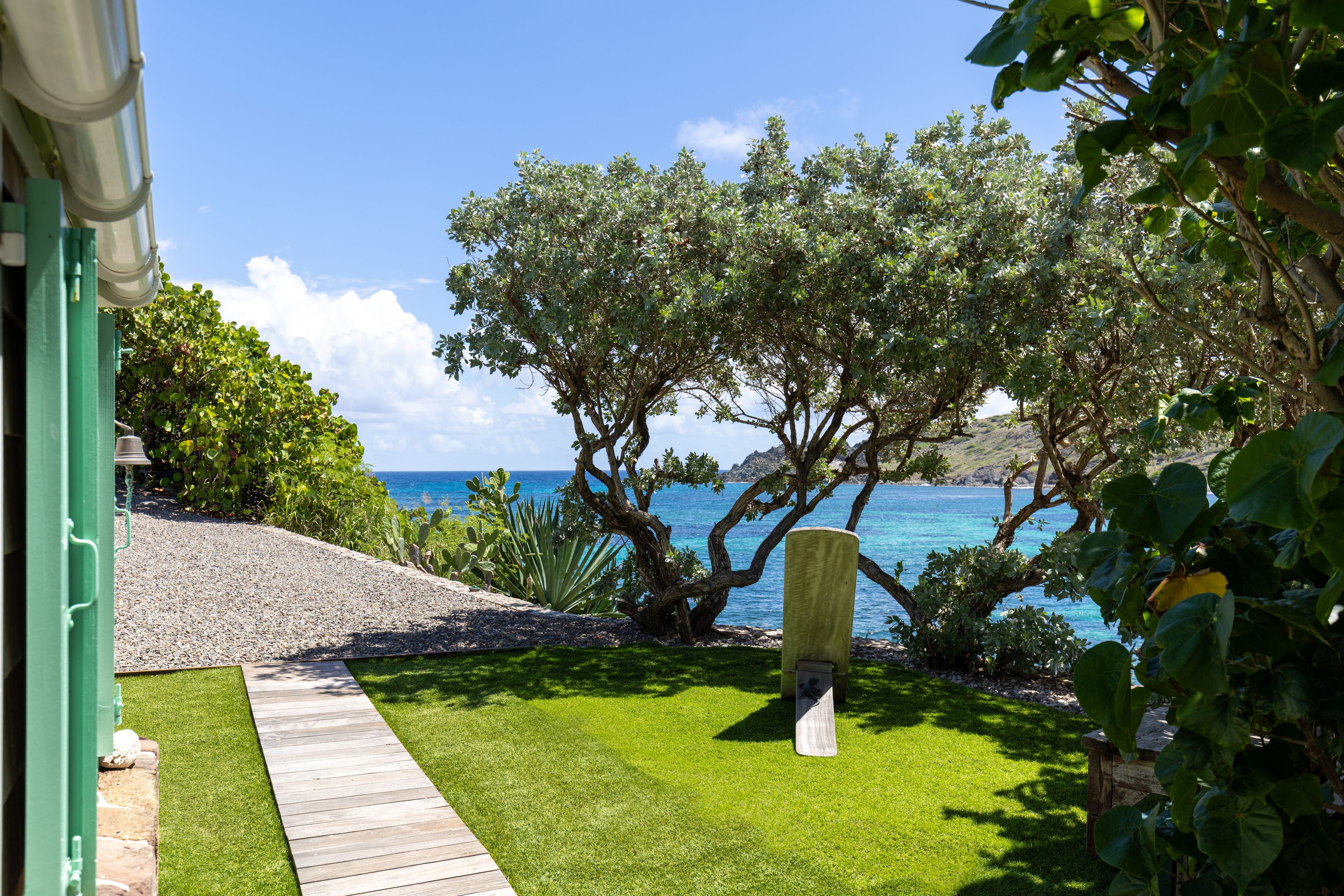 A pathway leading to a grassy area with a view of the sea and a tree.