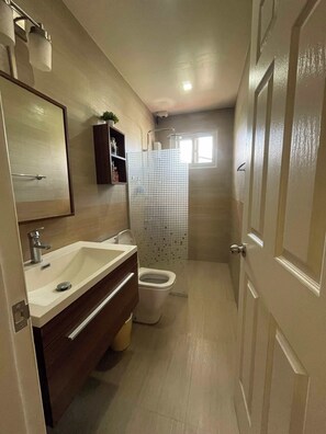 Shower, hair dryer, towels, soap