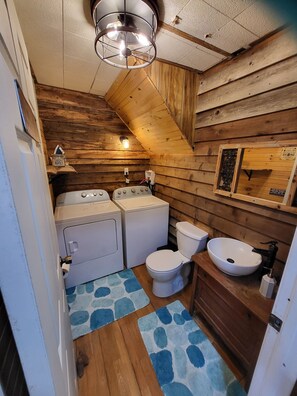 Hair dryer, towels, soap, toilet paper