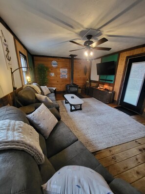 Smart TV, fireplace, books