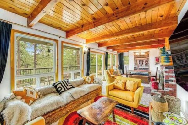 TV, fireplace - Big Bear Retreat · Chalet Lake Views & Giant Chess (Fawnskin)