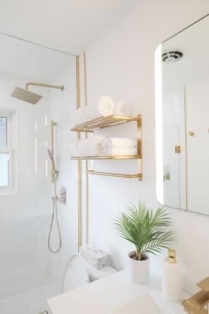 Shower, hair dryer, towels, soap