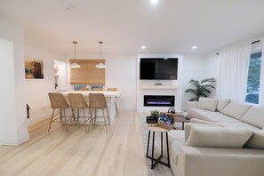 Smart TV, fireplace, foosball, computer monitors