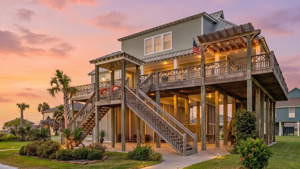 A two-story house with a covered porch, a staircase, and a flag.
