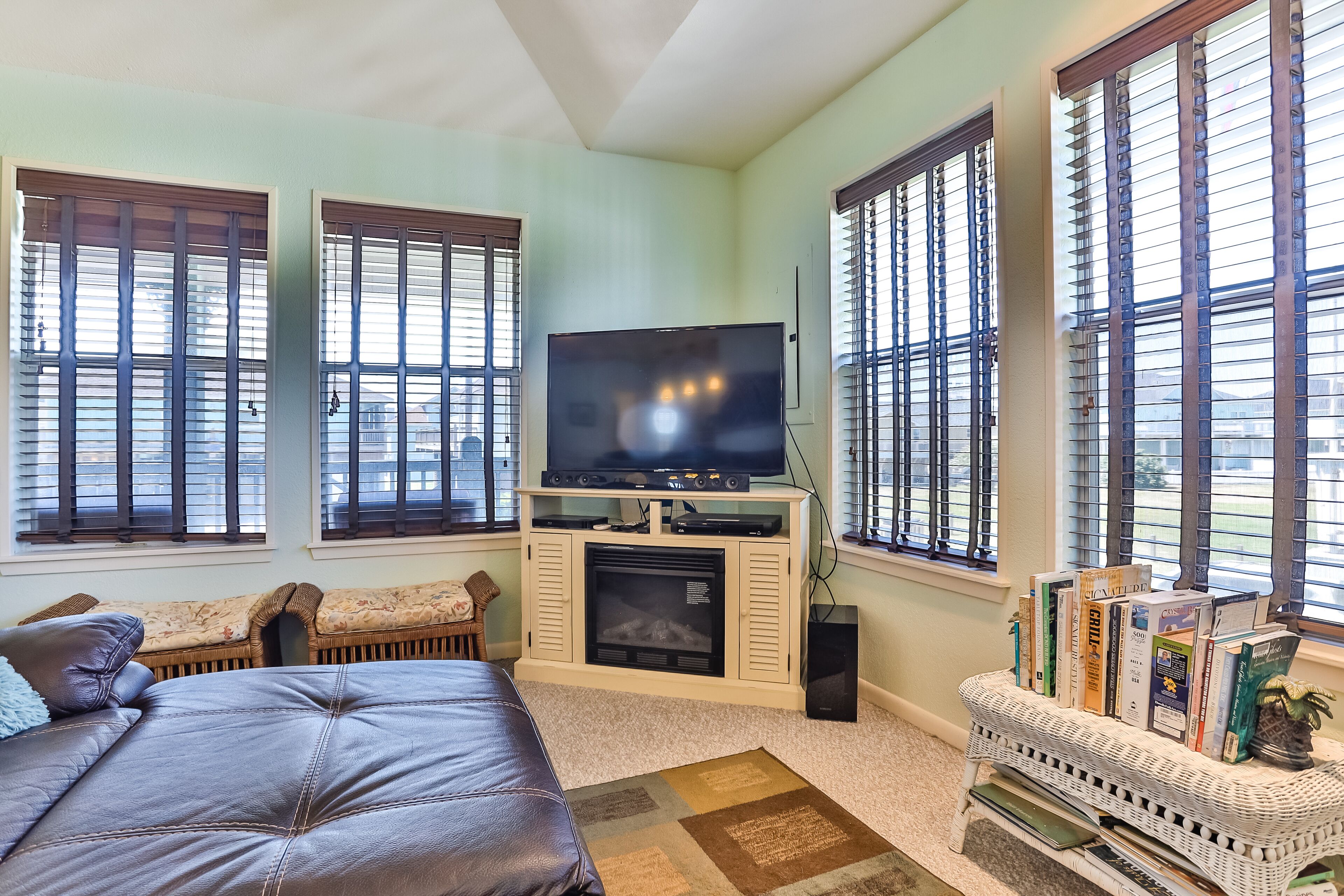 Televisie, een open haard, een dvd-speler en boeken