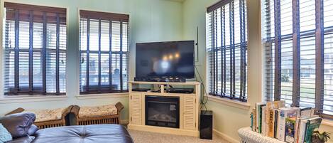 TV, fireplace, DVD player, books