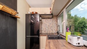 A compact kitchen with a black refrigerator, a sink, and a toaster. - Wild and Free Urban Jungle Apartment (Łódź)