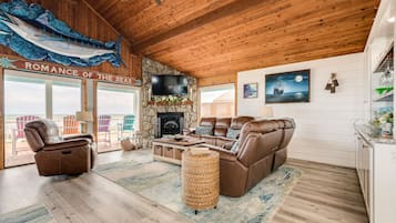 TV, fireplace, books