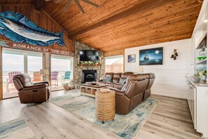 TV, fireplace, books