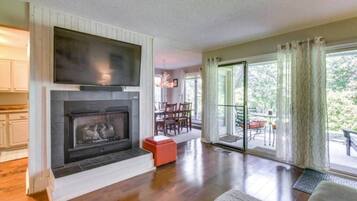 Een smart-tv, een open haard en een stereo