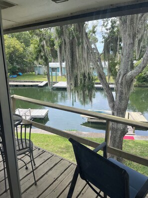 A wooden deck with a view of a lake, dock, and trees with Spanish moss. - Charming 2 bdrm 1.5 bath villa 100 yards to Three Sisters Springs (Crystal River)