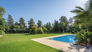 A swimming pool surrounded by a well-maintained lawn and various trees.