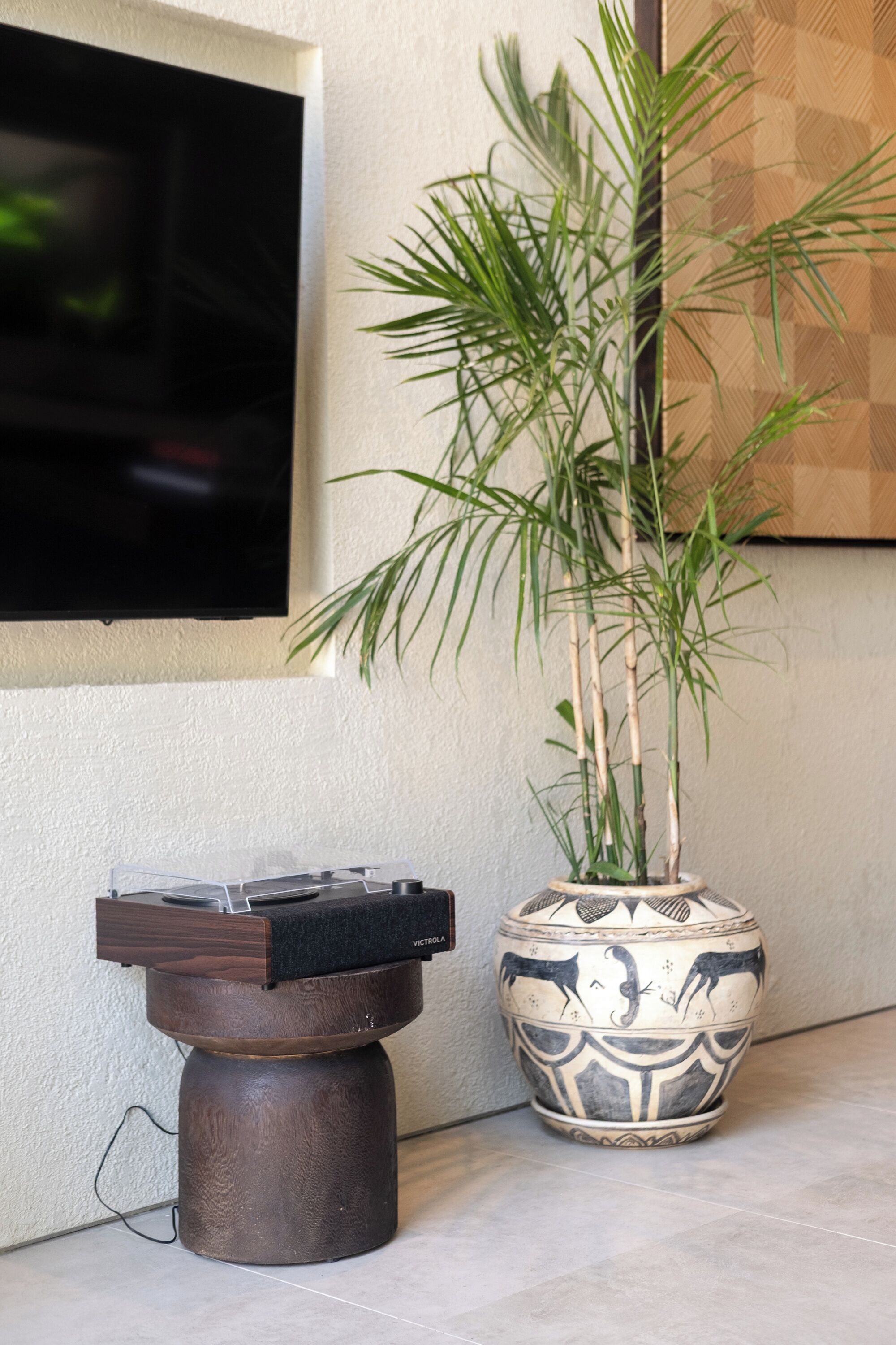 A room with a flat-screen TV mounted on the wall, a bamboo plant in a decorative pot, and a wooden speaker on a stand.