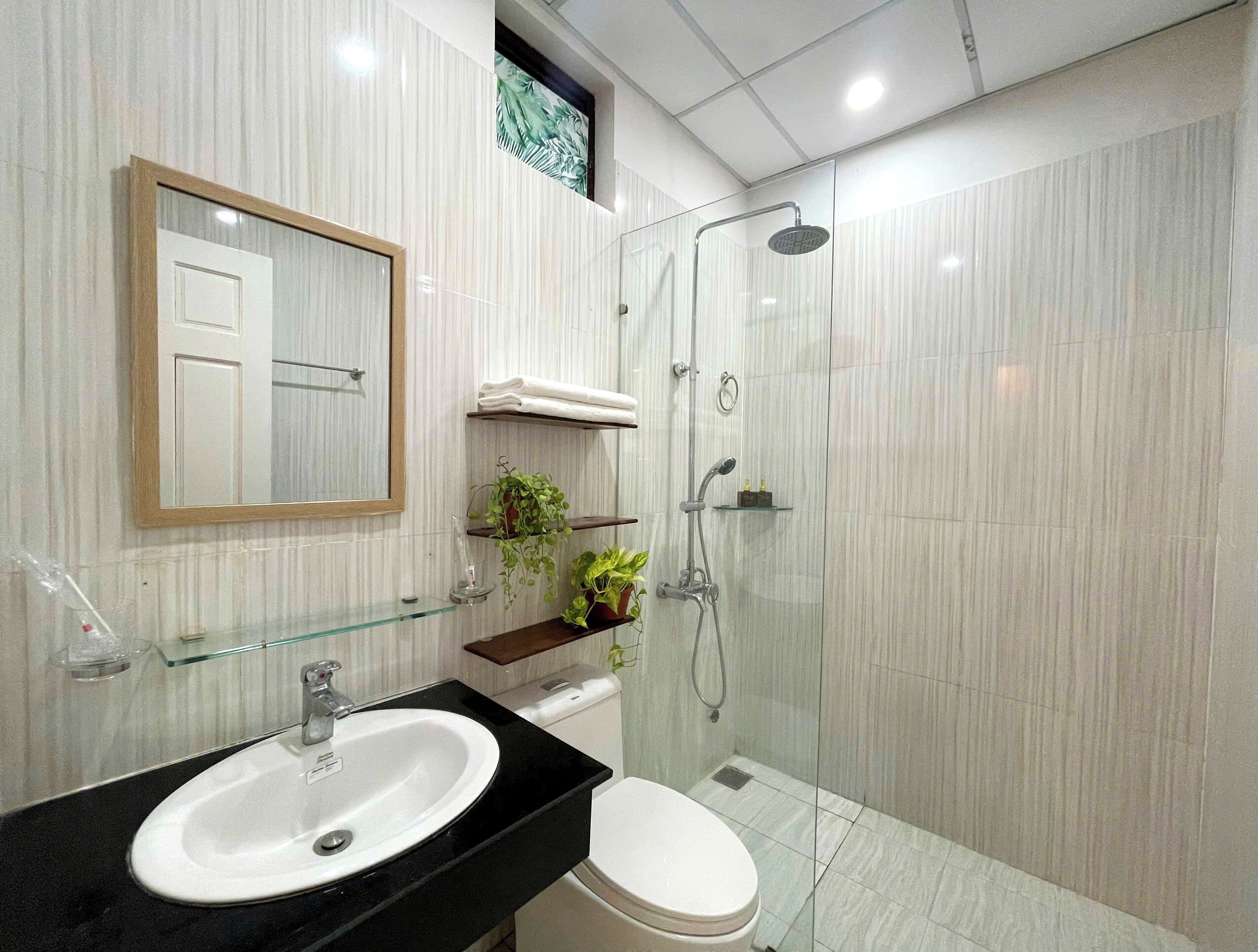 A modern bathroom with a glass shower enclosure, a white sink, and a toilet.
